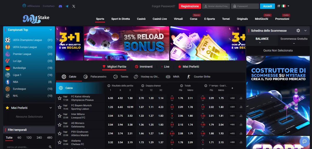 Mystake scommesse sportive interfaccia